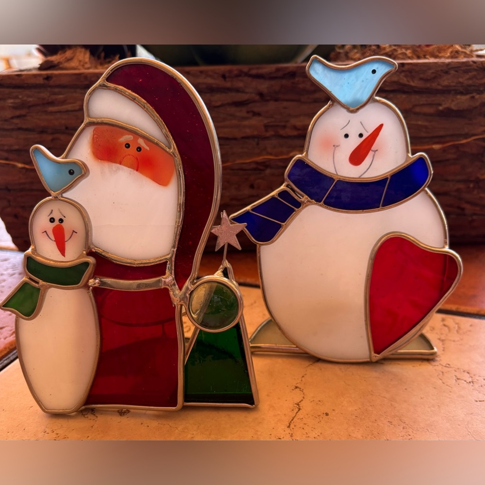Set Of 2 Vintage Christmas Stained Glass Votive Candle Holders Santa And Snowman